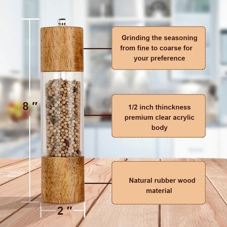 Acrylic Salt and Pepper Grinder Set,Manual Salt and Pepper Mills- Wooden Shakers with Adjustable Ceramic Core-Salt Grinder and Pepper Mill (8In 2Pack)