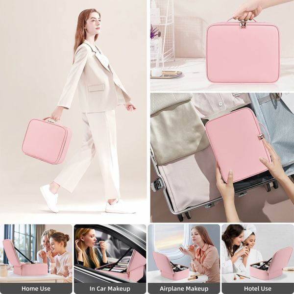 Makeup Bag Mirror LED Lighted Travel Makeup Train Case Cosmetic Bag Organizer Mirror Lights Make up Bag Light up Mirror Adjustable Divider Brush