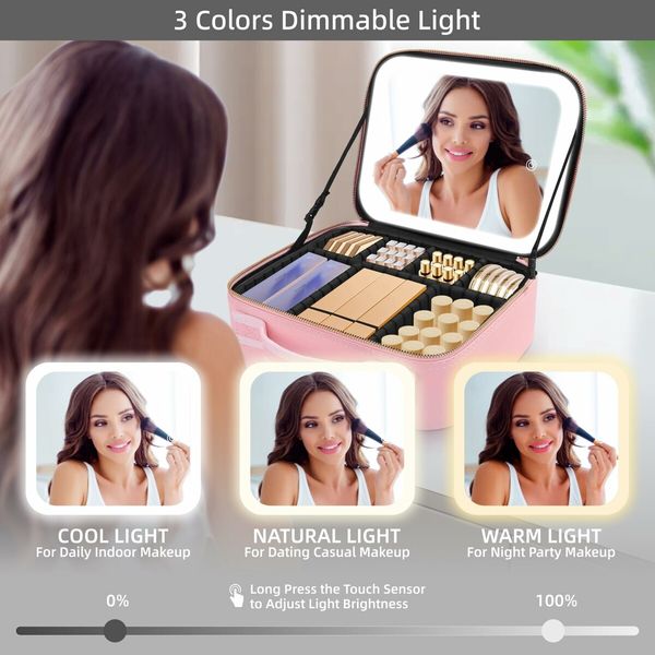 Makeup Bag Mirror LED Lighted Travel Makeup Train Case Cosmetic Bag Organizer Mirror Lights Make up Bag Light up Mirror Adjustable Divider Brush