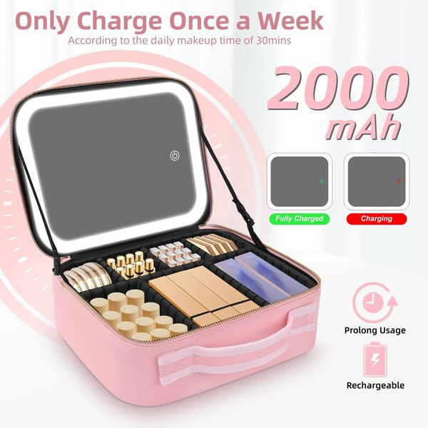 Makeup Bag Mirror LED Lighted Travel Makeup Train Case Cosmetic Bag Organizer Mirror Lights Make up Bag Light up Mirror Adjustable Divider Brush