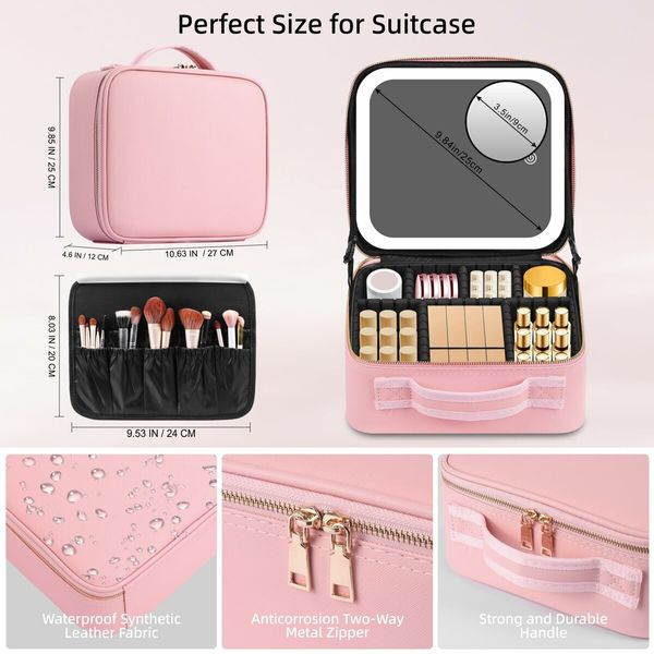 Makeup Bag Mirror LED Lighted Travel Makeup Train Case Cosmetic Bag Organizer Mirror Lights Make up Bag Light up Mirror Adjustable Divider Brush