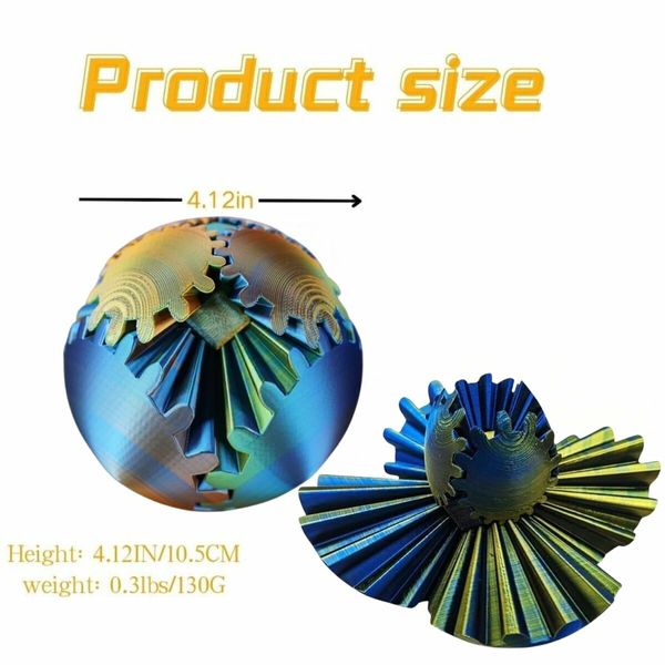 Gear Ball,4.2in 3D Printed Spin Ball Cube Fidget Toys,Gear Sphere,Gear Ball Fidget Toy,Stress Ball,GearSphere Desk Toy,Fidget Balls (Laser Blue Gold)