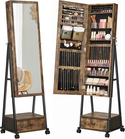 SONGMICS Lockable Jewelry Cabinet Floor Standing on Wheels with Mirror Rustic Brown