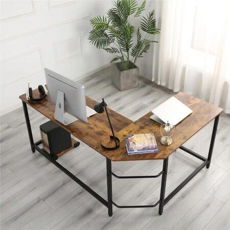 EKKIO L-Shaped Corner Computer Desk with CPU Stand (Brown)