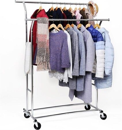 SONGMICS Metal Clothes Rack Stand on Wheels Heavy Duty Silver