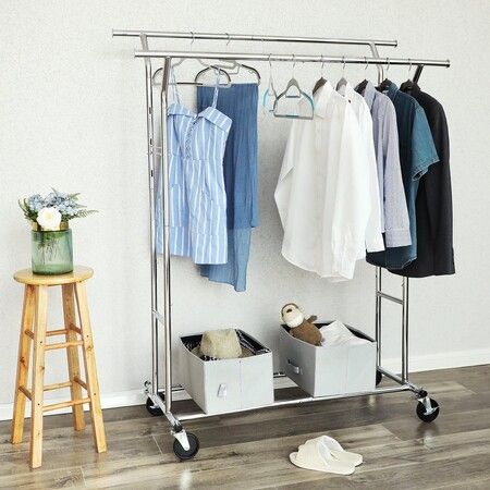 SONGMICS Metal Clothes Rack Stand on Wheels Heavy Duty Silver