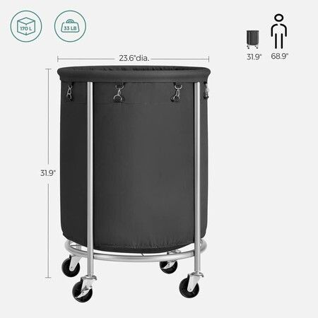 SONGMICS Laundry Basket with Wheels with Steel Frame and Removable Bag Black