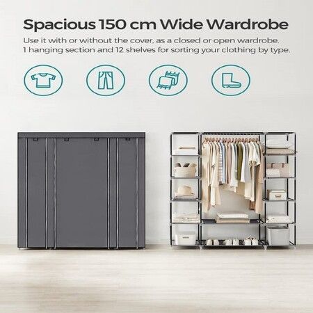 SONGMICS 150cm Portable Closet Organizer, Wardrobe with Shelves and Cover Gray