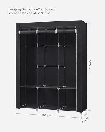 SONGMICS Clothes Wardrobe Portable Closet with Cover and 3 Hanging Rails Black RYG092B02