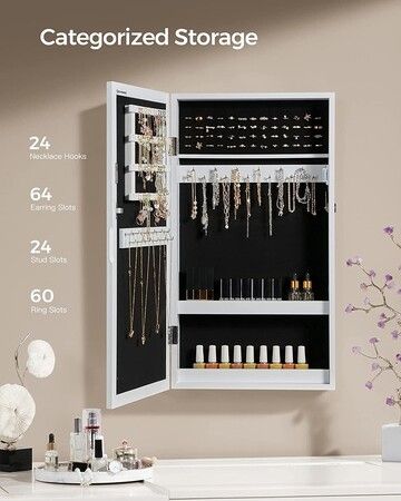 SONGMICS Lockable Jewelry Cabinet Armoire with Mirror White