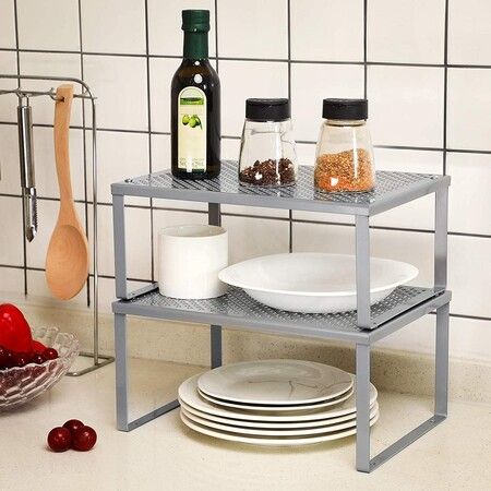 SONGMICS Cabinet Shelf Organizers Set of 2 Metal Kitchen Counter Shelves Silver