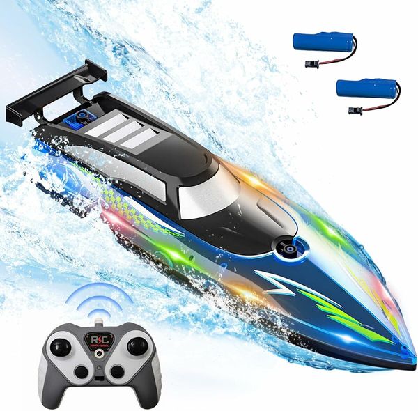 Self Righting RC Boat with LED Light for Men Women and Kids 4 to 12, 2.4Ghz Fast RC Boat, Blue