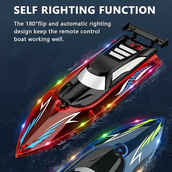 Self Righting RC Boat with LED Light for Men Women and Kids 4 to 12, 2.4Ghz Fast RC Boat, Red