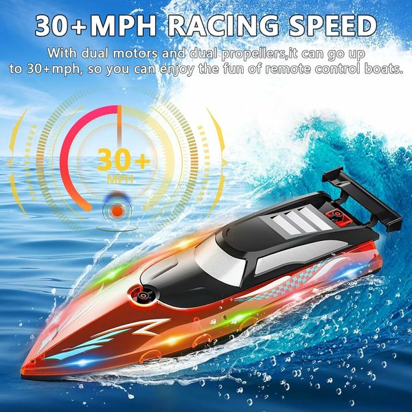 Self Righting RC Boat with LED Light for Men Women and Kids 4 to 12, 2.4Ghz Fast RC Boat, Red