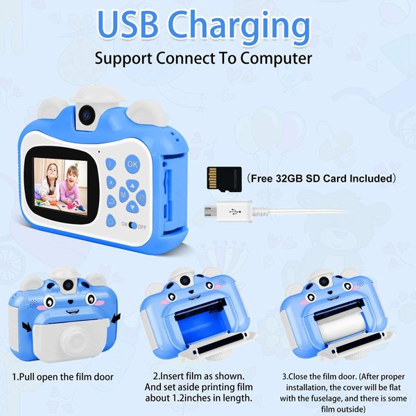 Instant Print Digital Camera for Kids 20MP Selfie Video Image Video Recorder, 12MP Photo Shooting, 180-Degree Rotating Feature Gift for 6+ Ages Kids, Blue