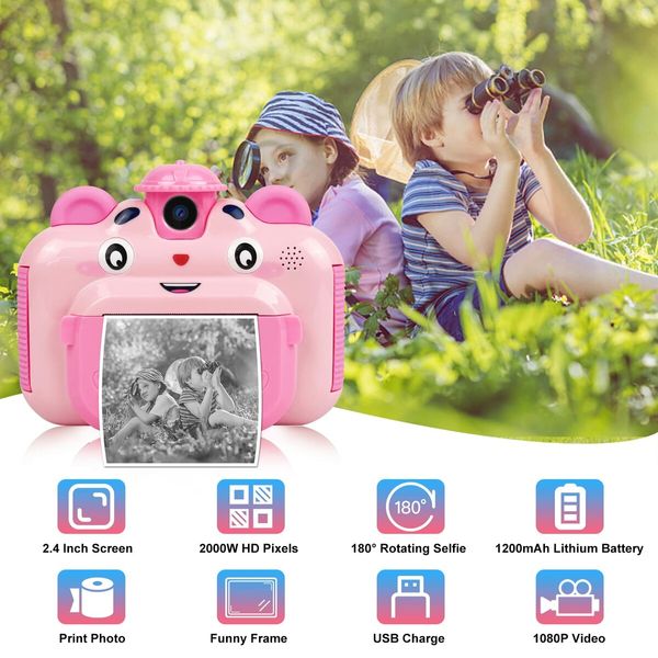 Instant Print Digital Camera for Kids 20MP Selfie Video Image Video Recorder, 12MP Photo Shooting, 180-Degree Rotating Feature Gift for 6+ Ages Kids, Pink