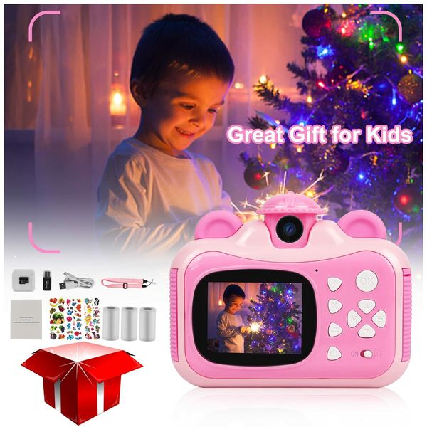 Instant Print Digital Camera for Kids 20MP Selfie Video Image Video Recorder, 12MP Photo Shooting, 180-Degree Rotating Feature Gift for 6+ Ages Kids, Pink