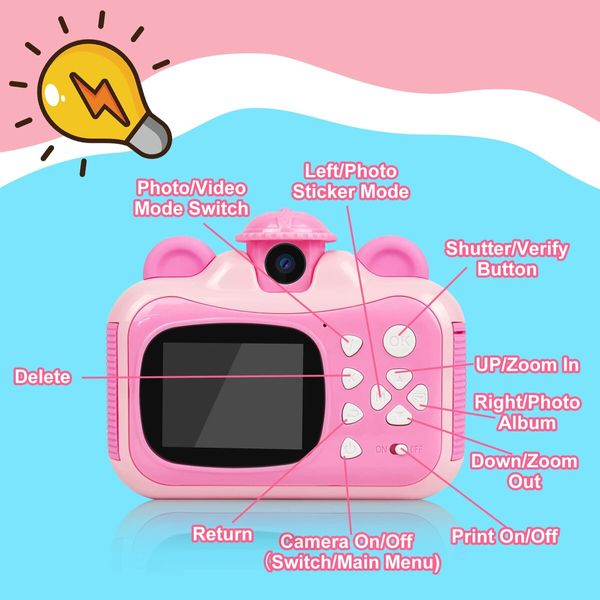 Instant Print Digital Camera for Kids 20MP Selfie Video Image Video Recorder, 12MP Photo Shooting, 180-Degree Rotating Feature Gift for 6+ Ages Kids, Pink