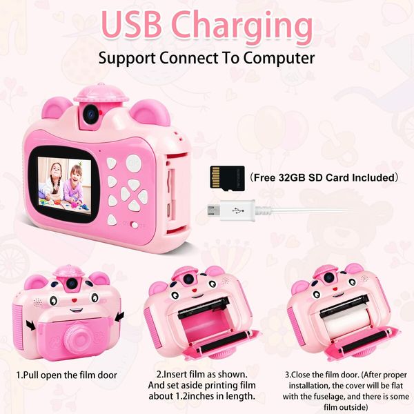 Instant Print Digital Camera for Kids 20MP Selfie Video Image Video Recorder, 12MP Photo Shooting, 180-Degree Rotating Feature Gift for 6+ Ages Kids, Pink