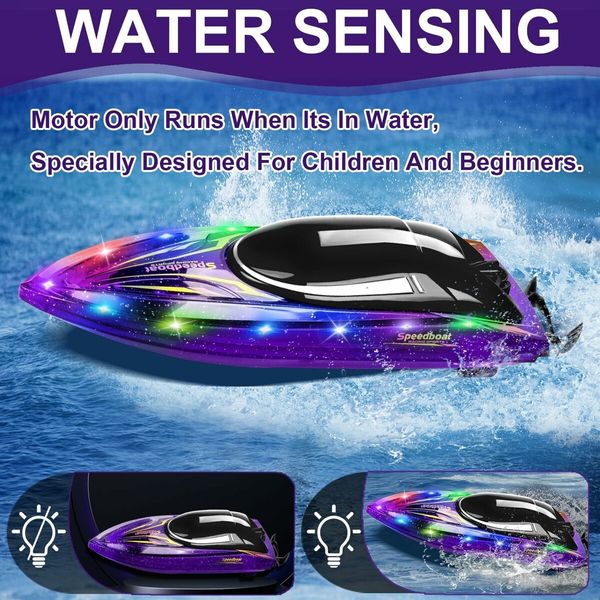 RC Boat with LED Light 20 MPH Remote Control Boat Rechargeable Battery for Pools and Lakes Water Play Toy Gift for Boys and Girl