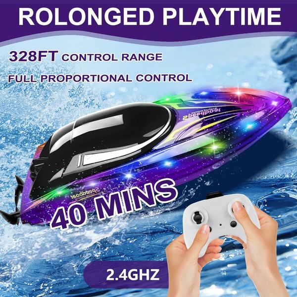 RC Boat with LED Light 20 MPH Remote Control Boat Rechargeable Battery for Pools and Lakes Water Play Toy Gift for Boys and Girl