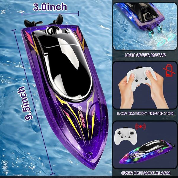 RC Boat with LED Light 20 MPH Remote Control Boat Rechargeable Battery for Pools and Lakes Water Play Toy Gift for Boys and Girl