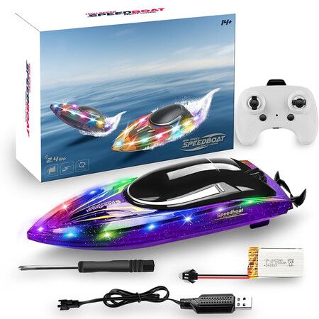 RC Boat with LED Light 20 MPH Remote Control Boat Rechargeable Battery for Pools and Lakes Water Play Toy Gift for Boys and Girl