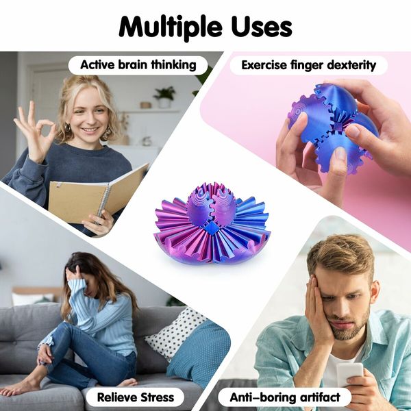 Gear Ball 3D Printed Spin Ball or Cube Fidget Toy,Gear Sphere Fidget Toy,Fidget Ball Gear Toy,Stress Ball GearSphere Desk Toy (Purple Blue,8cm)