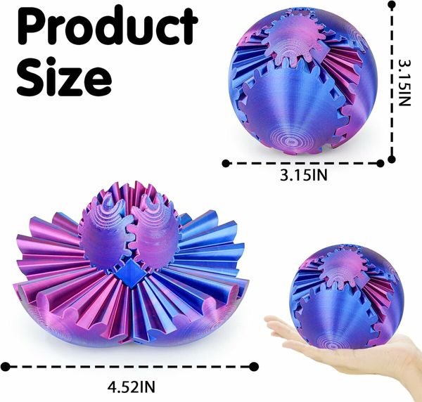 Gear Ball 3D Printed Spin Ball or Cube Fidget Toy,Gear Sphere Fidget Toy,Fidget Ball Gear Toy,Stress Ball GearSphere Desk Toy (Purple Blue,6cm)