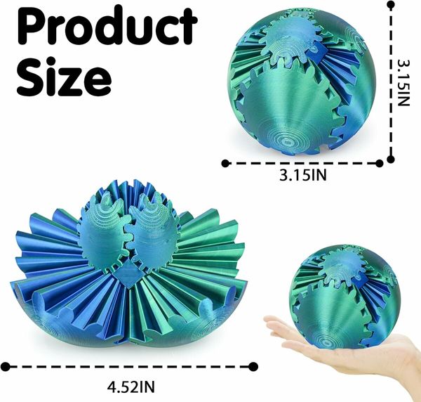 Gear Ball 3D Printed Spin Ball or Cube Fidget Toy,Gear Sphere Fidget Toy,Fidget Ball Gear Toy,Stress Ball GearSphere Desk Toy (Blue Green,8cm)