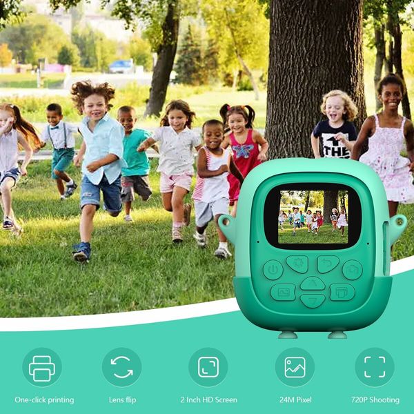 Instant Camera for Kids,Reversible Lens Video Digital Camera with Print Photo Paper, Birthday Gifts Toy for 3-12 Year Old (Green)