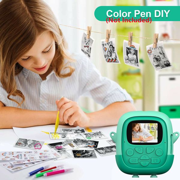 Instant Camera for Kids,Reversible Lens Video Digital Camera with Print Photo Paper, Birthday Gifts Toy for 3-12 Year Old (Green)