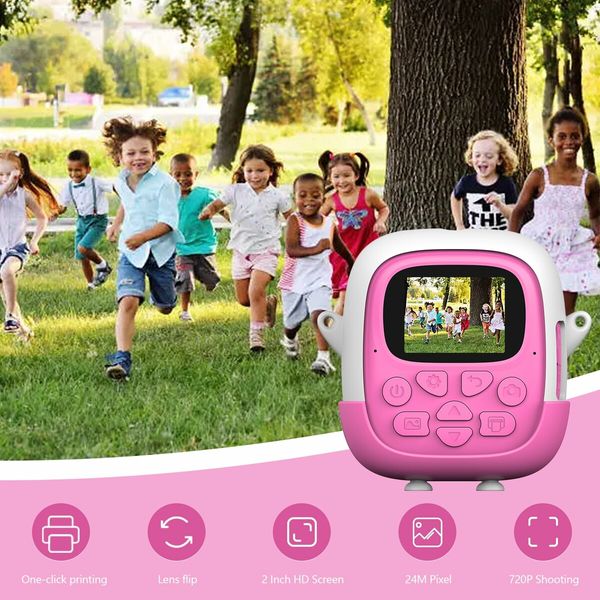 Instant Camera for Kids,Reversible Lens Video Digital Camera with Print Photo Paper, Birthday Gifts Toy for 3-12 Year Old (Pink)