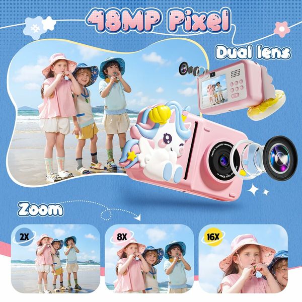 Kids Camera Instant Print, 2.5K Kids Selfie Video Unicorns Camera with DIY Glow Stickers,Print Paper, 32GB Card,Birthday Gift for Kids 4-6