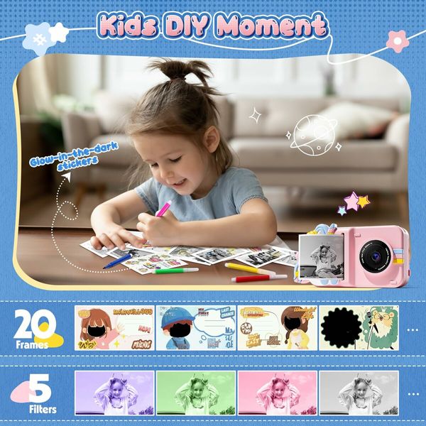 Kids Camera Instant Print, 2.5K Kids Selfie Video Unicorns Camera with DIY Glow Stickers,Print Paper, 32GB Card,Birthday Gift for Kids 4-6