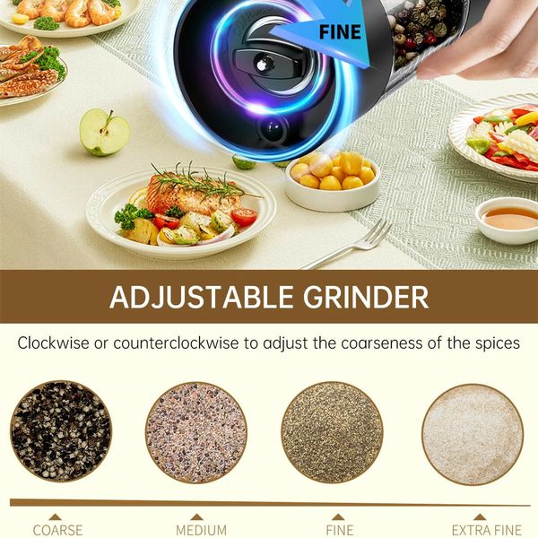 Electric Salt and Pepper Grinder Set Automatic Salt and Pepper Grinder Set with Charging Base and LED Light, Adjustable Coarseness