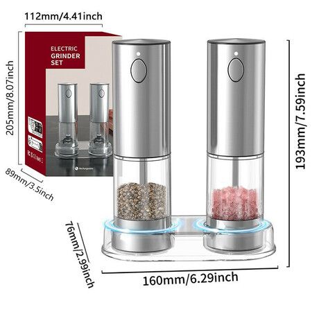 2 Pack Electric Salt and Pepper Grinder Set, Rechargeable Automatic Salt and Pepper Mill Grinder with  Adjustable Coarseness