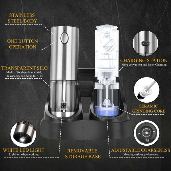 Electric Salt and Pepper Grinder Set Automatic Pepper Mills with Easy-to-Carry Dual Charging Station and Adjustable Coarseness with LED Light