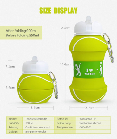 Foldable 550ML Tennis Water Bottles Portable Sports Bottle Outdoor Sports Tennis Ball Shaped Water Cup Bottle