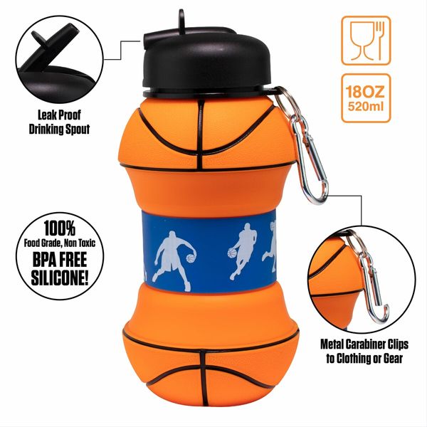 Foldable 550ML Basketball Water Bottles Portable Sports Bottle Outdoor Sports Basketball Ball Shaped Water Cup Bottle