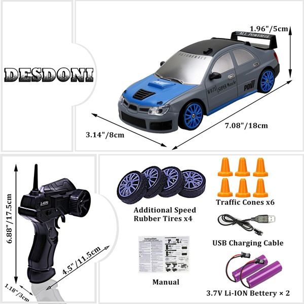 RC Drift Car 2.4GHz 1:16 Scale 4WD High Speed Remote Control Cars Vehicle with LED Lights Two Batteries and Drifting Tires Racing Sport Toy Cars,Blue