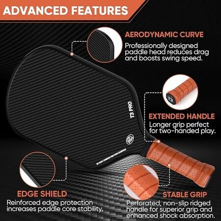 Pickleball Paddle, 3K Raw Carbon Fiber Surface (CFS) and Carbon Abrasion Surface (CAS) with High Grit and Spin