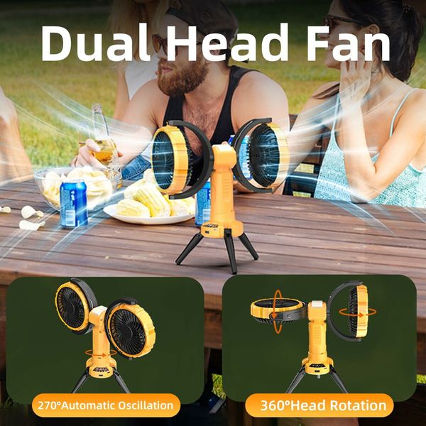 Double Head Camping Fan with LED Light, Rechargeable Battery Powered Tripod Tent Fan,270 Degree Oscillating Portable Fan 360 Degree Rotation with Hook