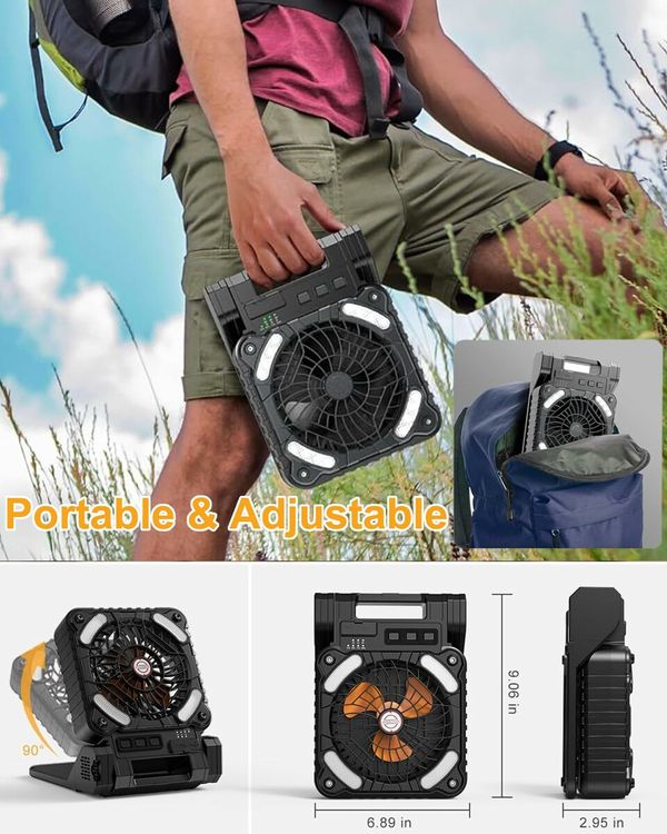 Solar Powered Camping Fan,Portable Fan Rechargeable with Lights,4 Speeds & 3 Timer, Battery Operated for Travel Tent Fishing Office