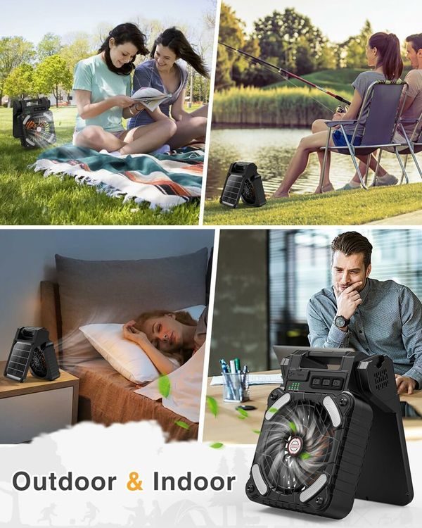 Solar Powered Camping Fan,Portable Fan Rechargeable with Lights,4 Speeds & 3 Timer, Battery Operated for Travel Tent Fishing Office