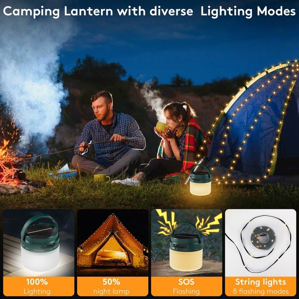 2 in 1 Portable Camping Lantern String with 10M Light Strings, 8 Lighting Modes, USB Rechargeable for Garden Party Outdoor