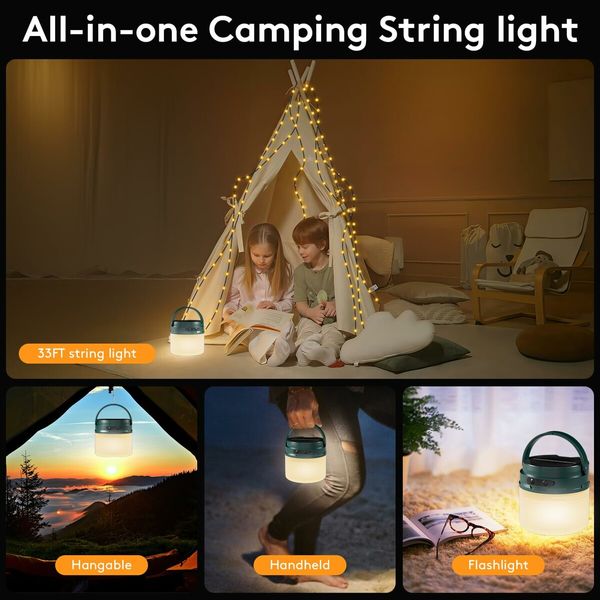 2 in 1 Portable Camping Lantern String with 10M Light Strings, 8 Lighting Modes, USB Rechargeable for Garden Party Outdoor