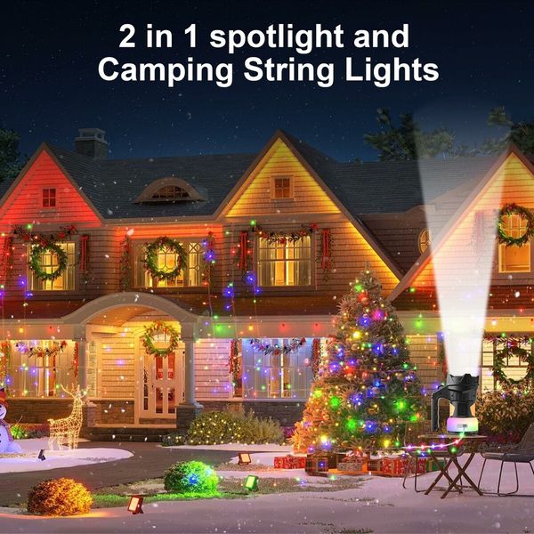 Camping Lanterns Rechargeable 2-in-1 Spotlight flashlights with 14.5 M LED Light String,4 Spot Modes and 6 Camping Modes for Yard