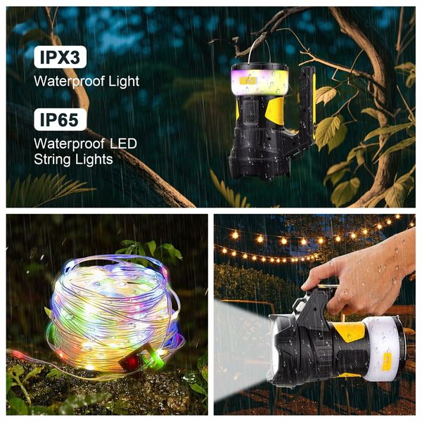 Camping Lanterns Rechargeable 2-in-1 Spotlight flashlights with 14.5 M LED Light String,4 Spot Modes and 6 Camping Modes for Yard