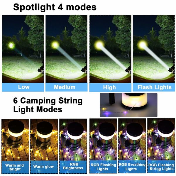 Camping Lanterns Rechargeable 2-in-1 Spotlight flashlights with 14.5 M LED Light String,4 Spot Modes and 6 Camping Modes for Yard